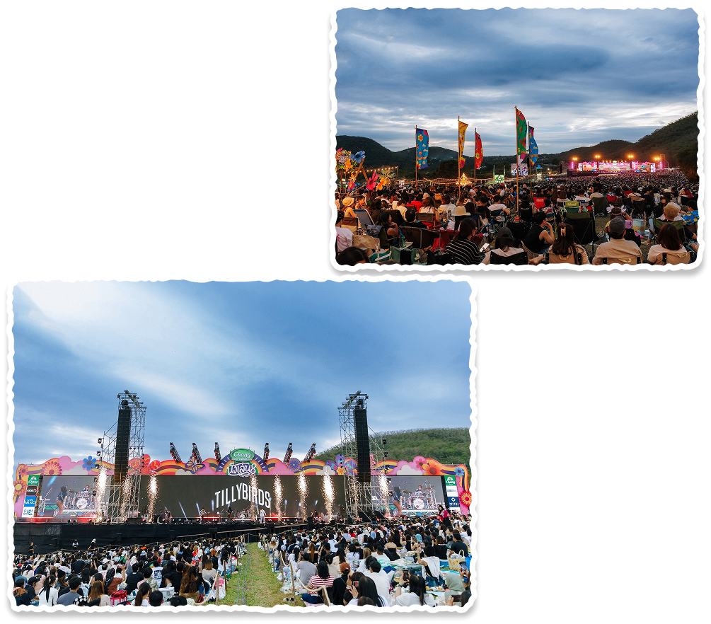 ภาพบรรยากาศเวทีในงานเทศกาลดนตรี นั่งเล่น ที่ปากช่อง และผู้เข้าชมงานจำนวนมาก