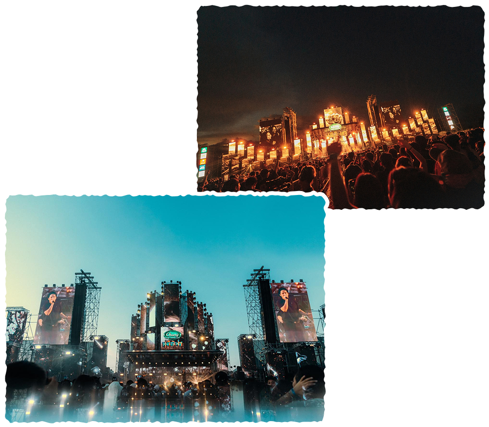 ภาพบรรยากาศเวทีในงานเทศกาลดนตรี พุ่งใต้เฟส ที่หาดใหญ่ และผู้เข้าชมงานจำนวนมาก
