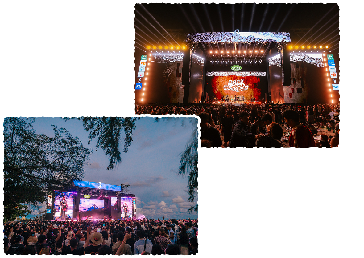 ภาพบรรยากาศเวทีในงานเทศกาลดนตรี Rock on the Beach ที่ริมหาดระยอง และผู้เข้าชมงานจำนวนมาก